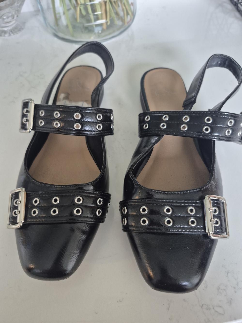 Black Stud-Detail Slingback Flats - Size 7.5